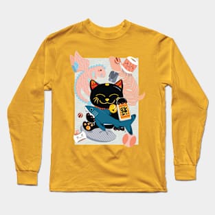 Black Lucky Cat and his Favorite Things Long Sleeve T-Shirt